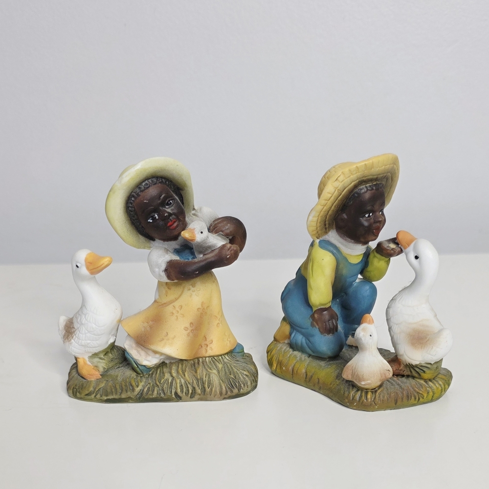 Vintage Chalkware Boy & Girl with Geese Decorative Figurine Set